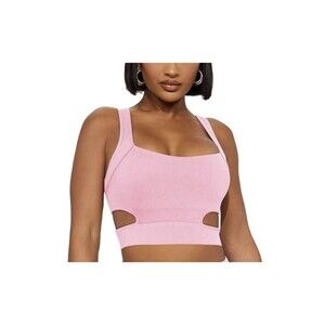 Yoga Cut Out Sports Bra Crop Top Baby Pink Ribbed Sz XL Athleisure Gym Modern